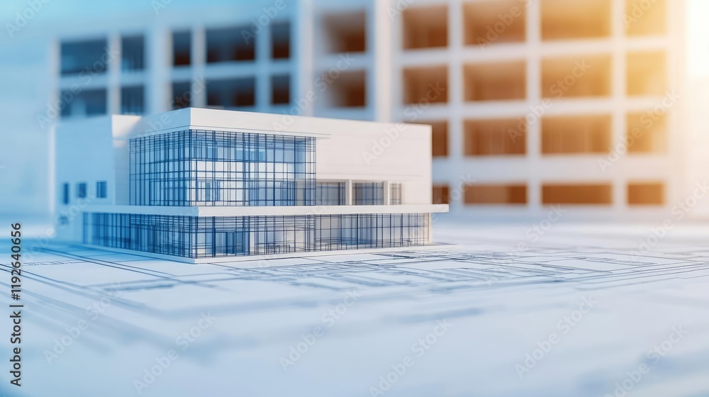 Poster architect project idea. modern architecture model presented on blueprint, showcasing innovative desi