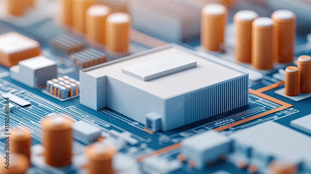 Poster architect project idea. close-up view of a modern microchip on a circuit board with intricate detail