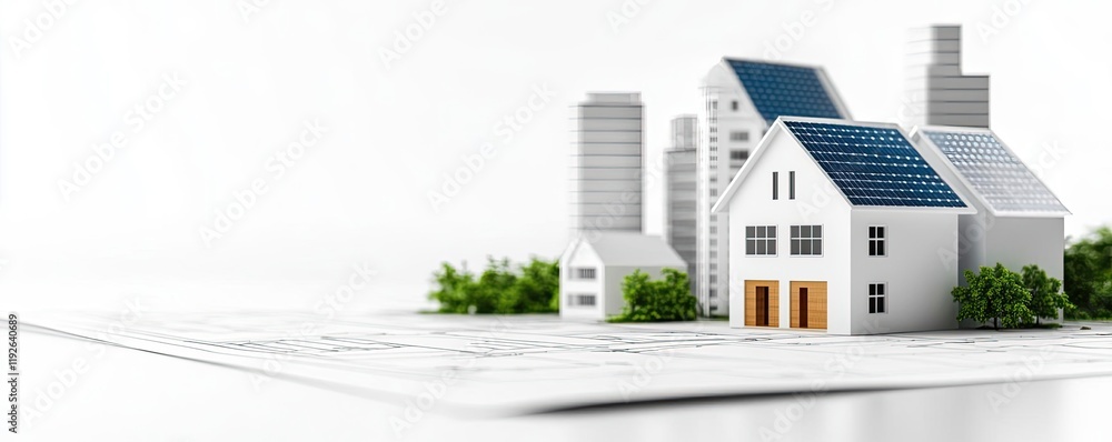 Poster architect project idea. modern architectural model showcasing innovative design and green technology