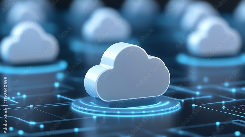 Poster digital cloud computing concept with cloud symbols connected on network background and blue neon lig
