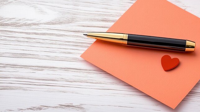 Stylish Black Pen on Orange Note with Heart Shaped Decoration
