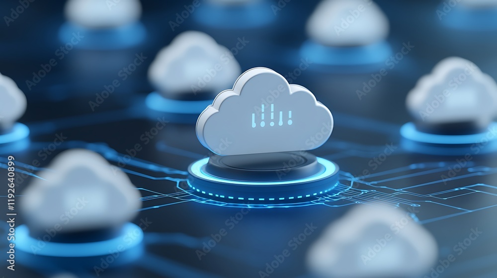 Poster digital cloud computing concept with data transmission and network connections in a futuristic envir