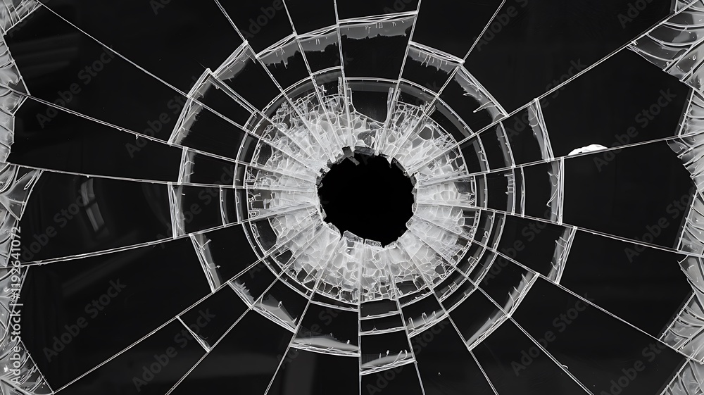 Poster black-and-white photograph of a shattered window, featuring a central void with spiderweb-like crack