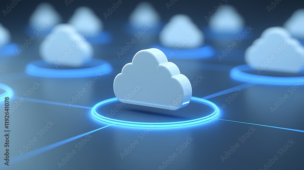 Poster digital cloud computing concept with glowing network connections over a dark background