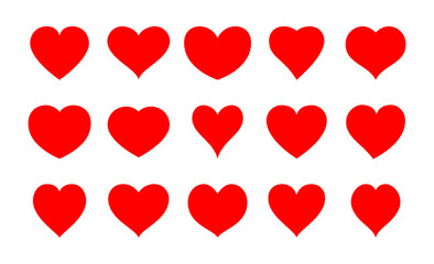 Red heart icons. Set of different red hearts isolated on white background. For Valentine's Day cards, love-themed patterns, romantic decorations and festive illustrations. Vector set