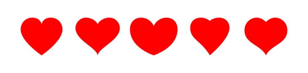 Red heart icons. Set of different red hearts isolated on white background. For Valentine's Day cards, love-themed patterns, romantic decorations and festive illustrations. Vector set