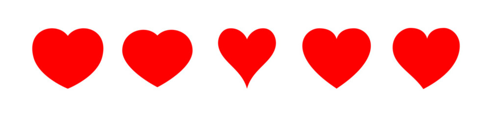 Red heart icons. Set of different red hearts isolated on white background. For Valentine's Day cards, love-themed patterns, romantic decorations and festive illustrations. Vector set