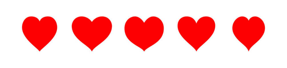Red heart icons. Set of different red hearts isolated on white background. For Valentine's Day cards, love-themed patterns, romantic decorations and festive illustrations. Vector set