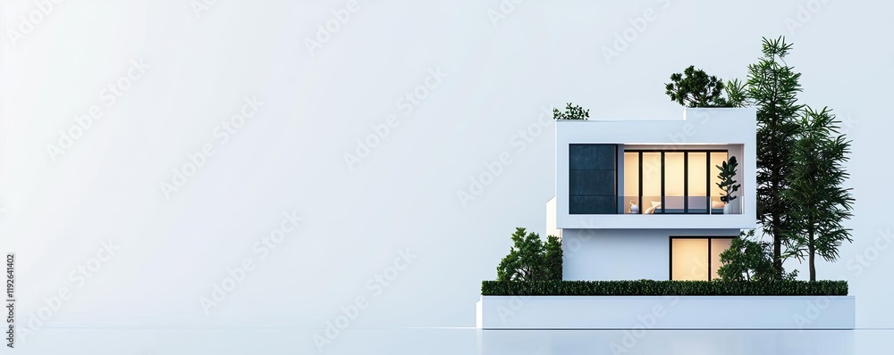 Poster architect blueprint concept. modern house design with greenery and stylish architecture on a clear s