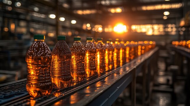 Bottles of Cooking Oil on Conveyor Belt in Factory Setting with Warm Sunset Glow Illuminating Production Line and Industrial Environment