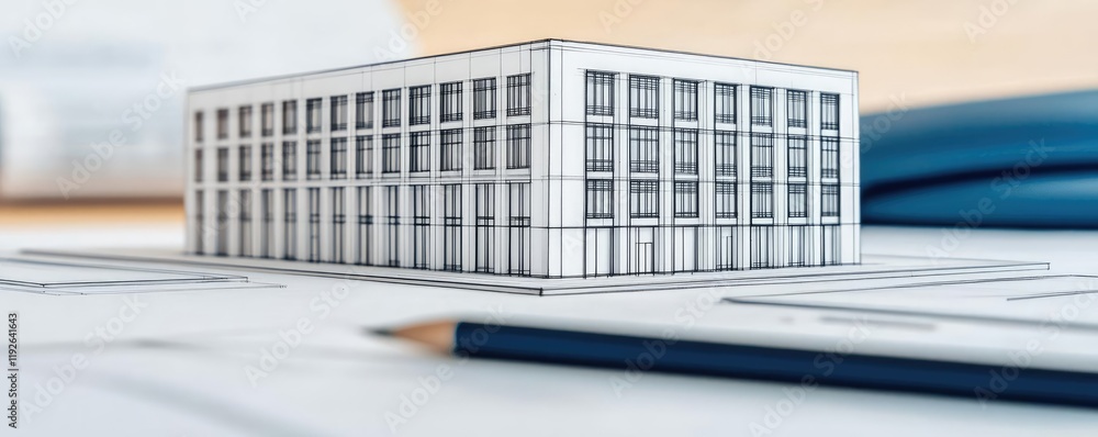 Poster architect sketching concept. detailed architectural model of a modern building on a blueprint backgr