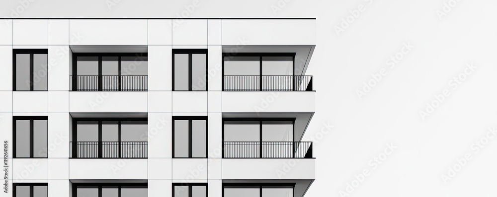 Poster architect sketching concept. modern minimalist apartment building with clean lines and large windows