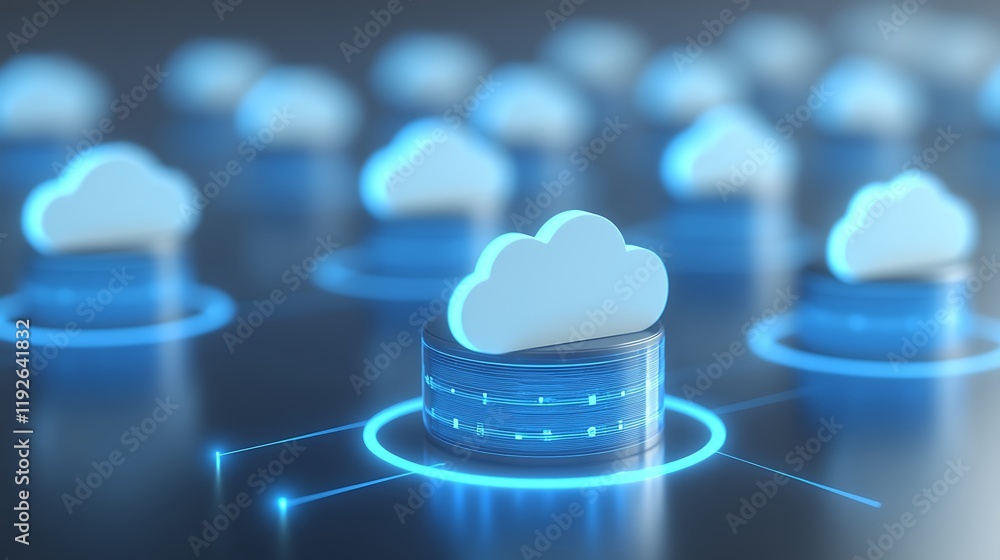 Poster digital cloud computing network illustration with data storage and cloud symbols in blue tone