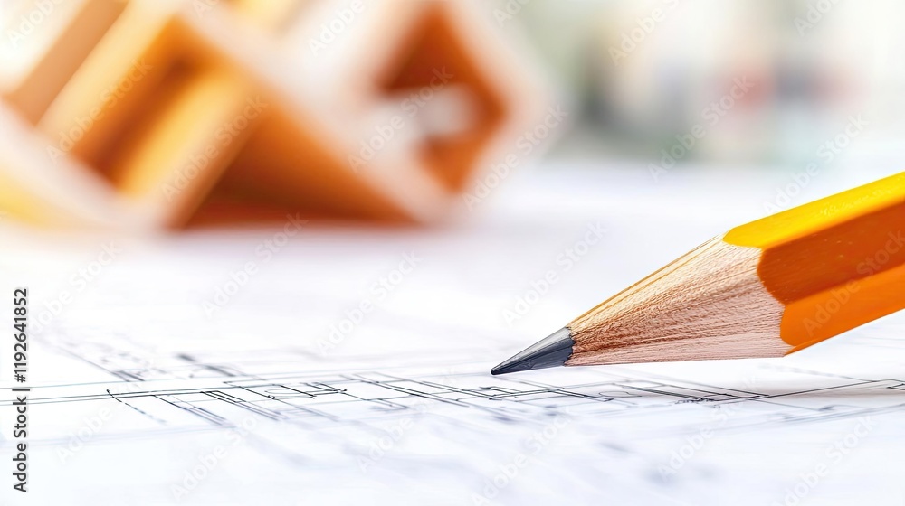 Poster architect project idea. close-up of a pencil on a blueprint for architectural design.