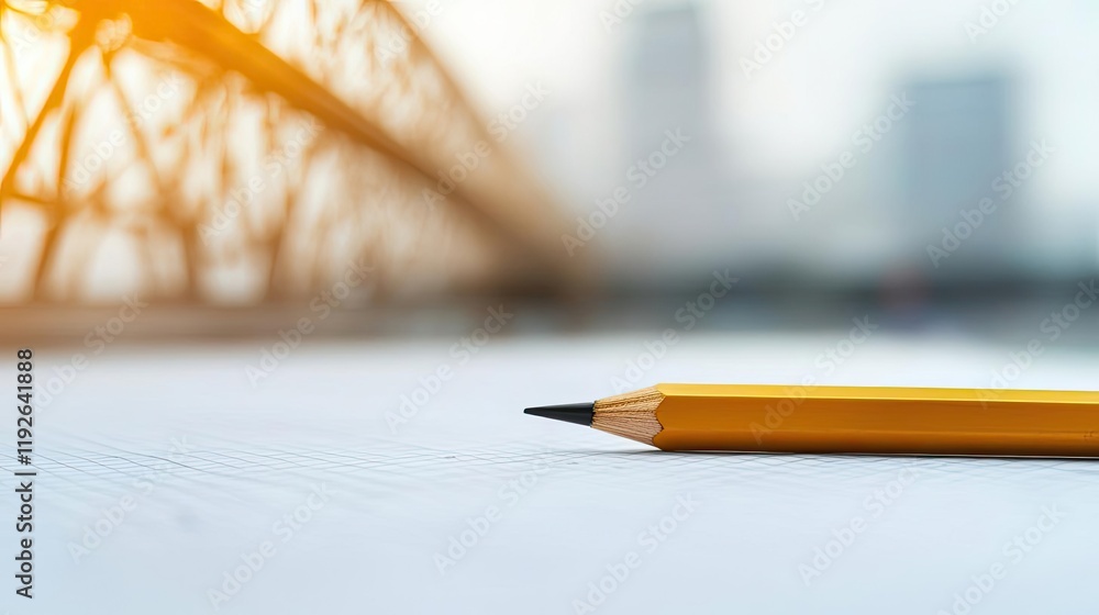 Poster architect sketching concept. close-up of a yellow pencil resting on a desk with a blurred background