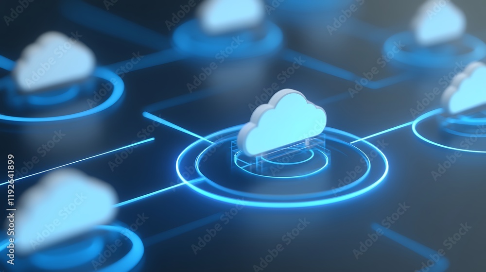 Poster digital cloud computing network illustration with floating cloud icons on a futuristic background