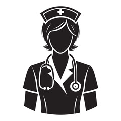 Nurse Silhouette Vector Illustration, Solid White Background.