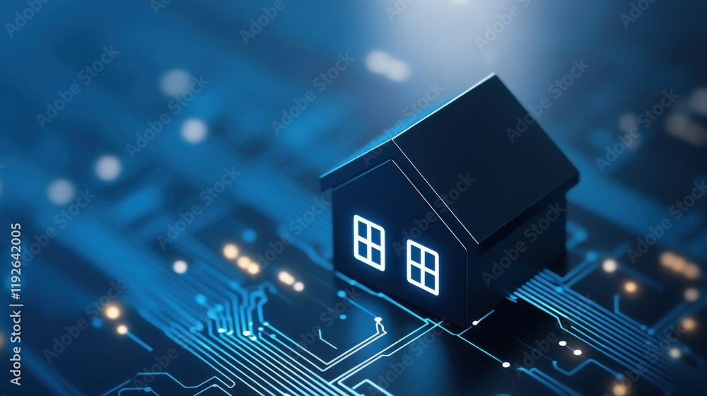 Poster digital technology concept representing smart home with circuit board background in futuristic desig