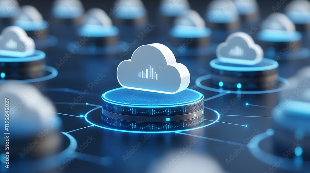 Poster digital cloud computing network with data visualization elements on blue background