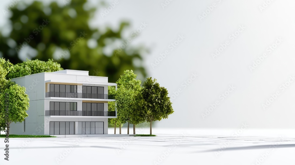 Poster architect project idea. a modern architectural model showcasing a sustainable building design with t