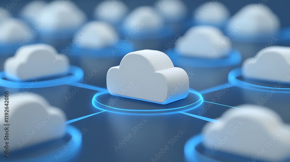 Poster digital cloud computing network with white clouds connected by blue lines in abstract background