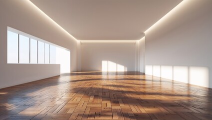 Obraz premium Bright and minimalist interior space with wooden flooring and natural light
