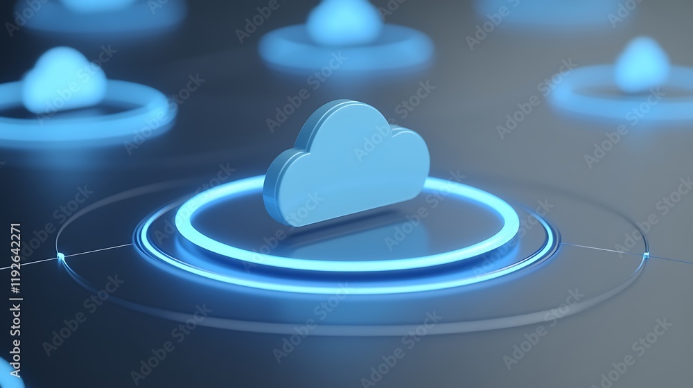 Poster digital cloud computing technology surrounded by glowing blue circles on a sleek futuristic backgrou