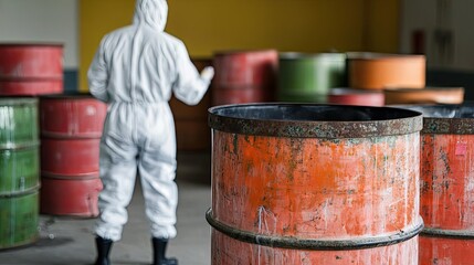 Naklejka premium Toxic research idea. Worker in protective suit inspecting industrial barrels in a warehouse setting.