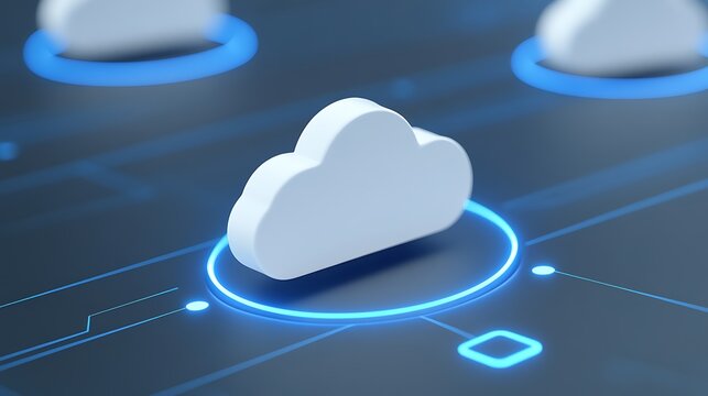 Digital cloud computing technology represented with cloud icons and circuit patterns in blue light background