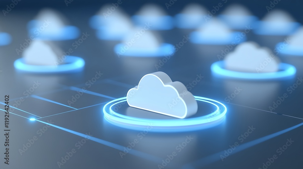Poster digital cloud concept with abstract circles and glowing elements on a blue background for technology