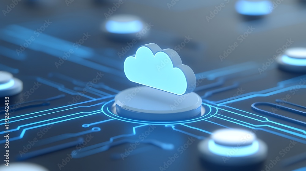 Poster digital cloud concept with circuit design and glowing blue elements representing technology and conn