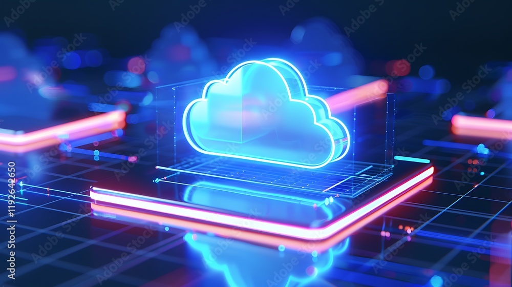 Poster digital cloud concept with neon lights and futuristic circuit board representation in dark setting
