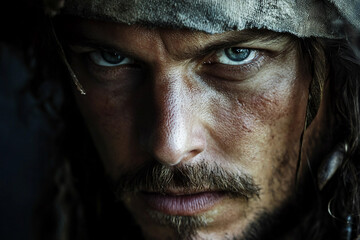 Obraz premium Close-up portrait of pirate character with intense gaze detailed costume ai generative