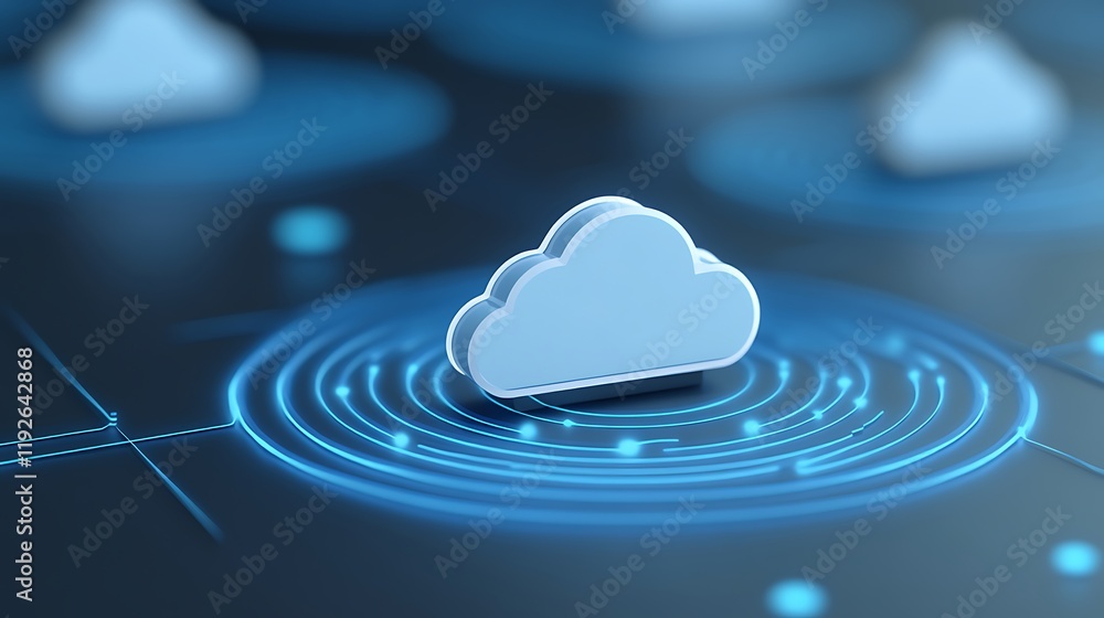 Poster digital cloud icon overlaid on abstract technology background with circular data points and lines