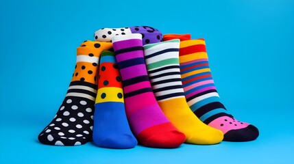 A bright and cheerful stack of mismatched socks in various designs, ranging from stripes to polka dots, arranged in a playful manner. The vibrant patterns celebrate the fun and creative spirit 