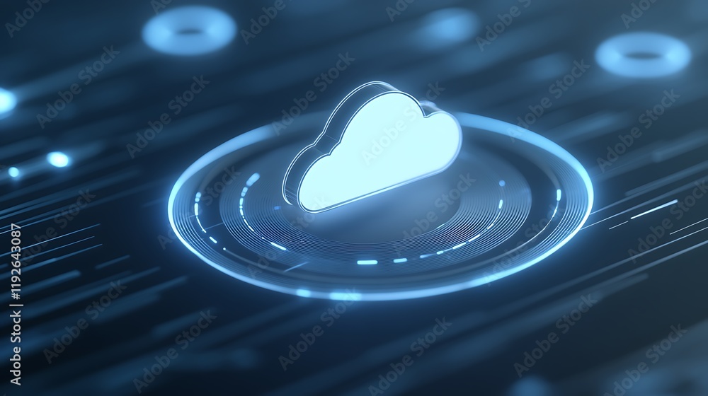 Poster digital cloud icon with glowing circles in a futuristic technology background for data storage conce