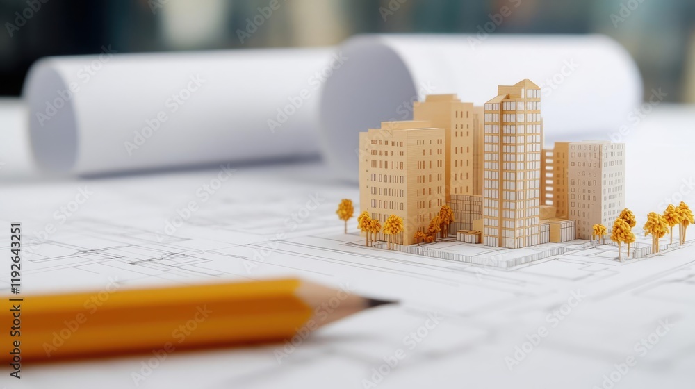 Poster architect project idea. a detailed architectural model on a blueprint with a pencil for design.