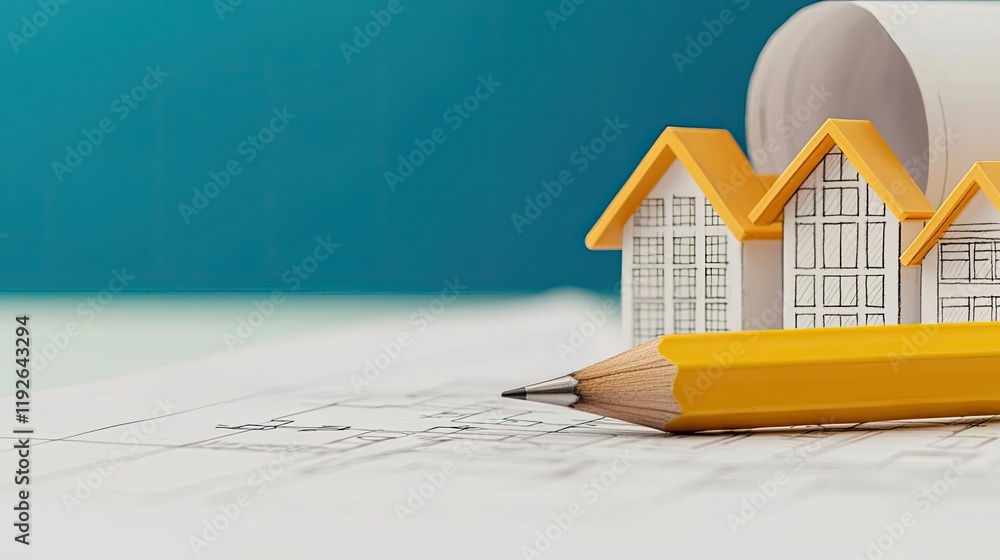 Poster architect project idea. architectural model and pencil on blueprint, symbolizing home design and dev