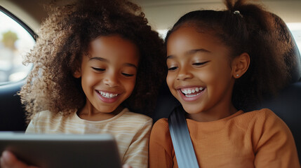 ack seats of a car with two black sisters of 9 years old smiling looking at each other wearing seat belts and using a digital tablet