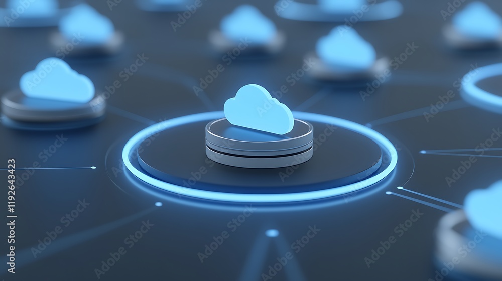 Poster digital cloud network concept with light blue clouds and circular nodes on a dark background
