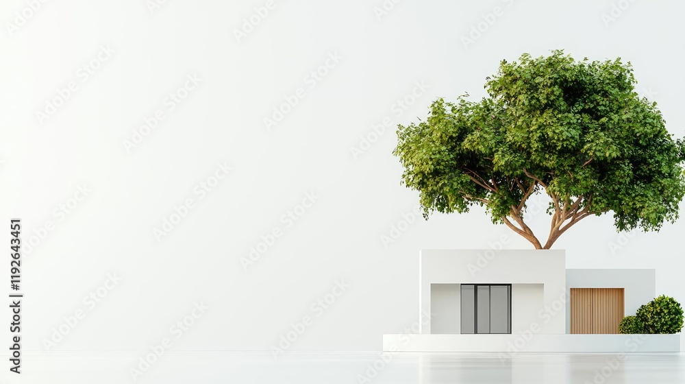 Poster architect project idea. modern home design with a tree, emphasizing nature and contemporary architec