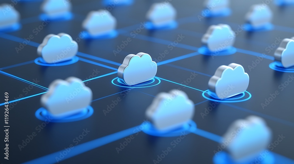 Poster digital cloud network connection visualization with blue highlights and 3d cloud icons on dark backg