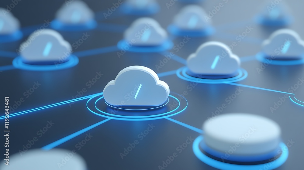 Poster digital cloud network connection with blue nodes and bright circular platforms in a 3d environment