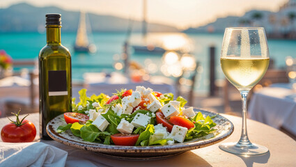 Fresh salad with feta cheese and wine against a picturesque seaside backdrop