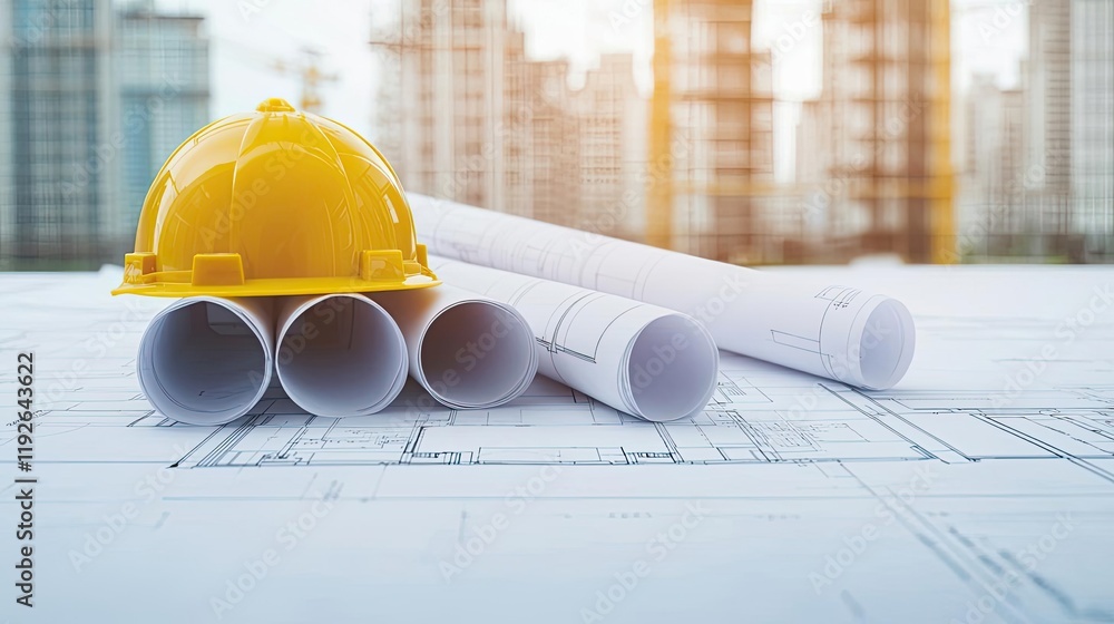 Poster architect project idea. construction hat and blueprints on the table near a building site.