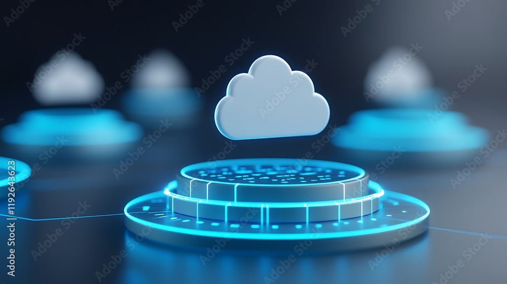Poster digital cloud network technology with glowing platforms and data circuits for modern computing solut