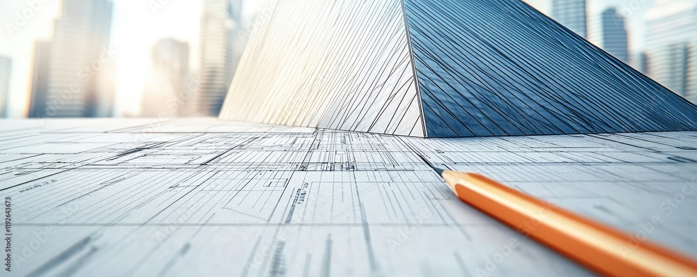 Poster architect project idea. architectural drawing with a pencil on a blueprint showcasing a modern struc
