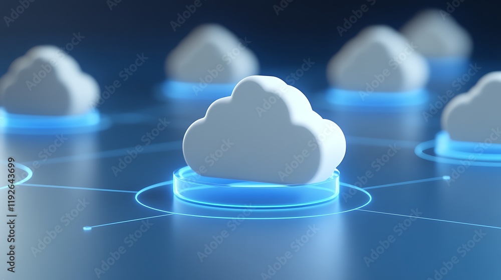 Poster digital cloud network with abstract white clouds and glowing circles on blue background