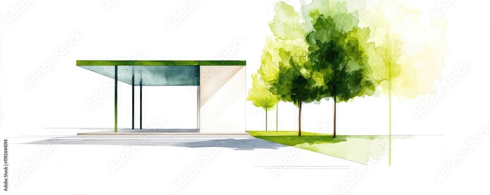 Poster architect sketching concept. modern architectural design featuring a minimalist building with green 