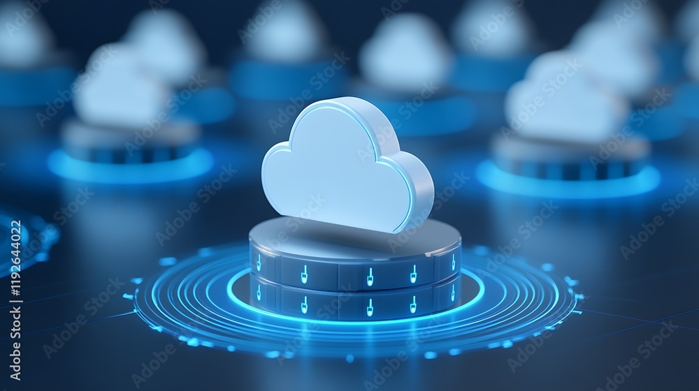 Poster digital cloud storage concept with blue network nodes and data circles in modern technology environm
